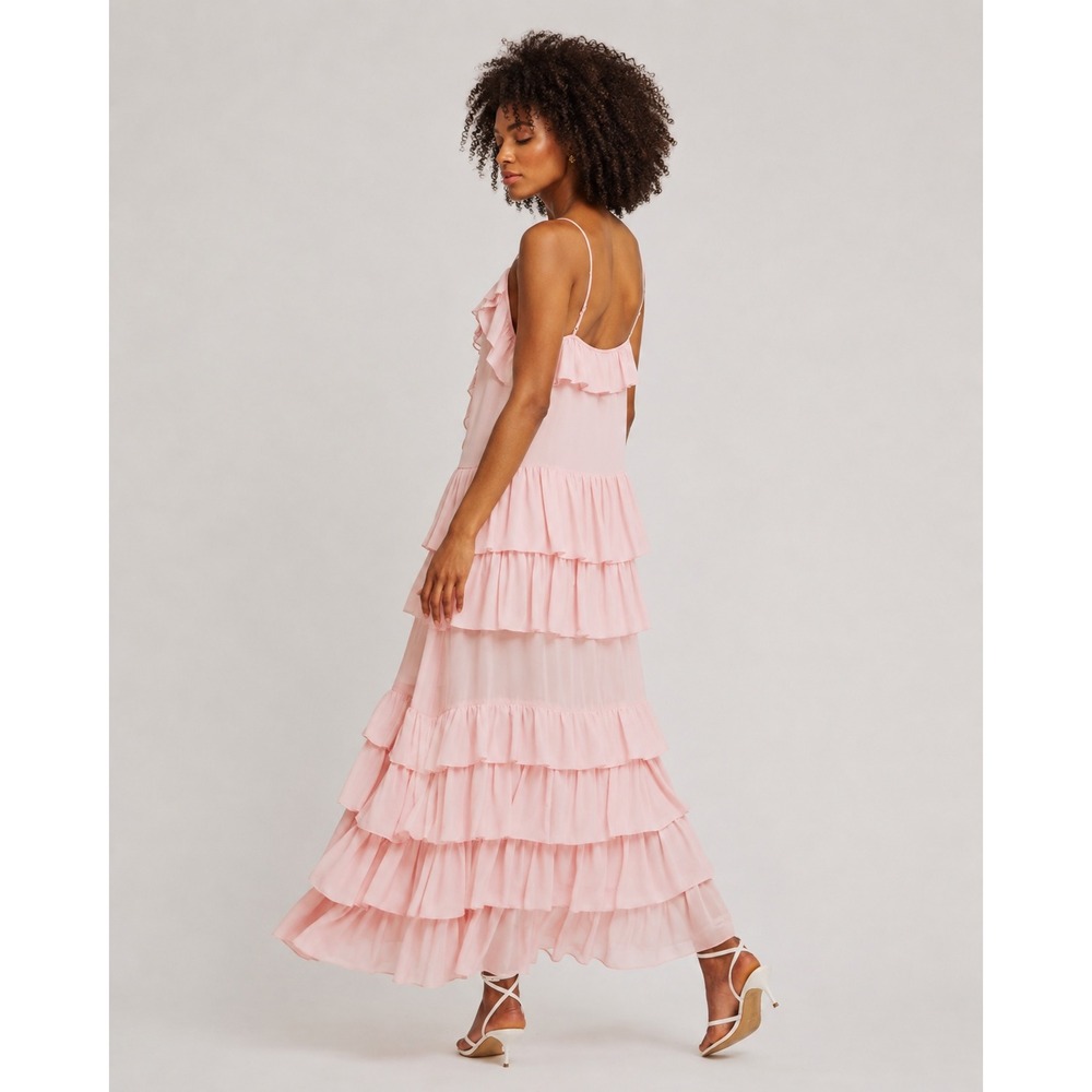 Torn by Ronny Kobo S Pink Ruffle Maxi Dress Tiered Chiffon Coquette Fairycore